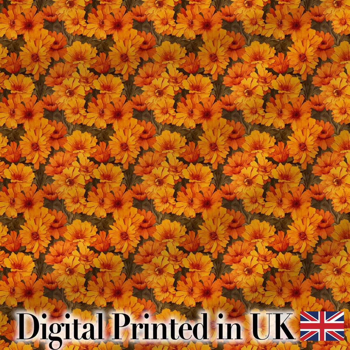 Dense Chrysanthemum Floral Pattern in Orange and Cream on Black Background Digital Print Fabric by the Metre UK Sewing Quilting Textile
