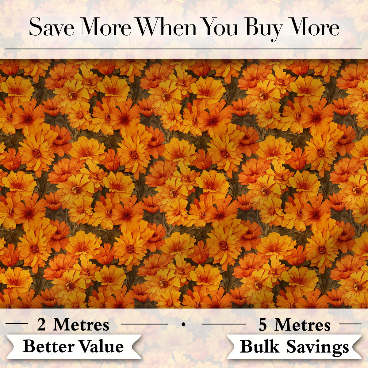 Dense Chrysanthemum Floral Pattern in Orange and Cream on Black Background Digital Print Fabric by the Metre UK Sewing Quilting Textile