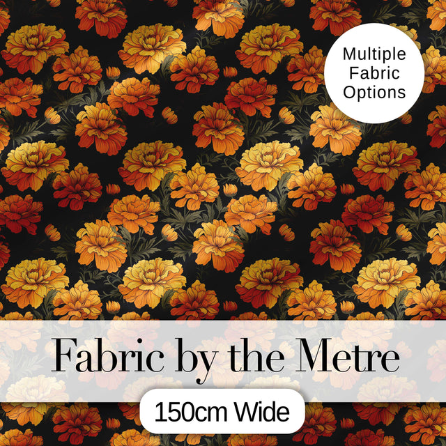 Rich Marigold Style Orange Floral Pattern with Dark Foliage Background Digital Print Fabric by the Metre UK Sewing Quilting Textile
