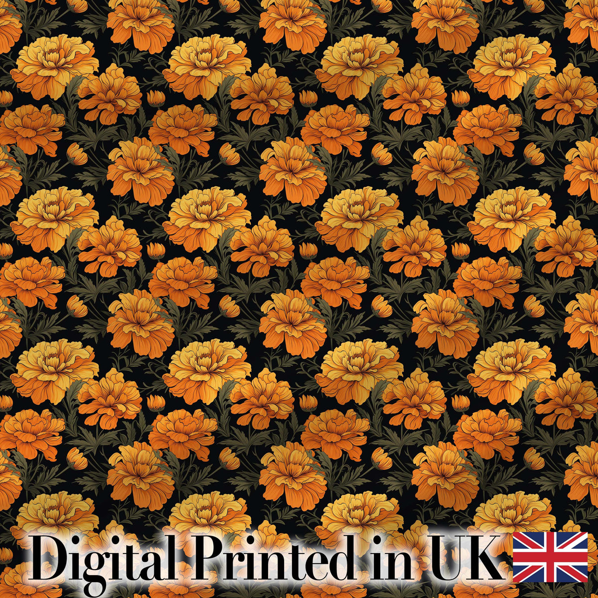 Rich Marigold Style Orange Floral Pattern with Dark Foliage Background Digital Print Fabric by the Metre UK Sewing Quilting Textile