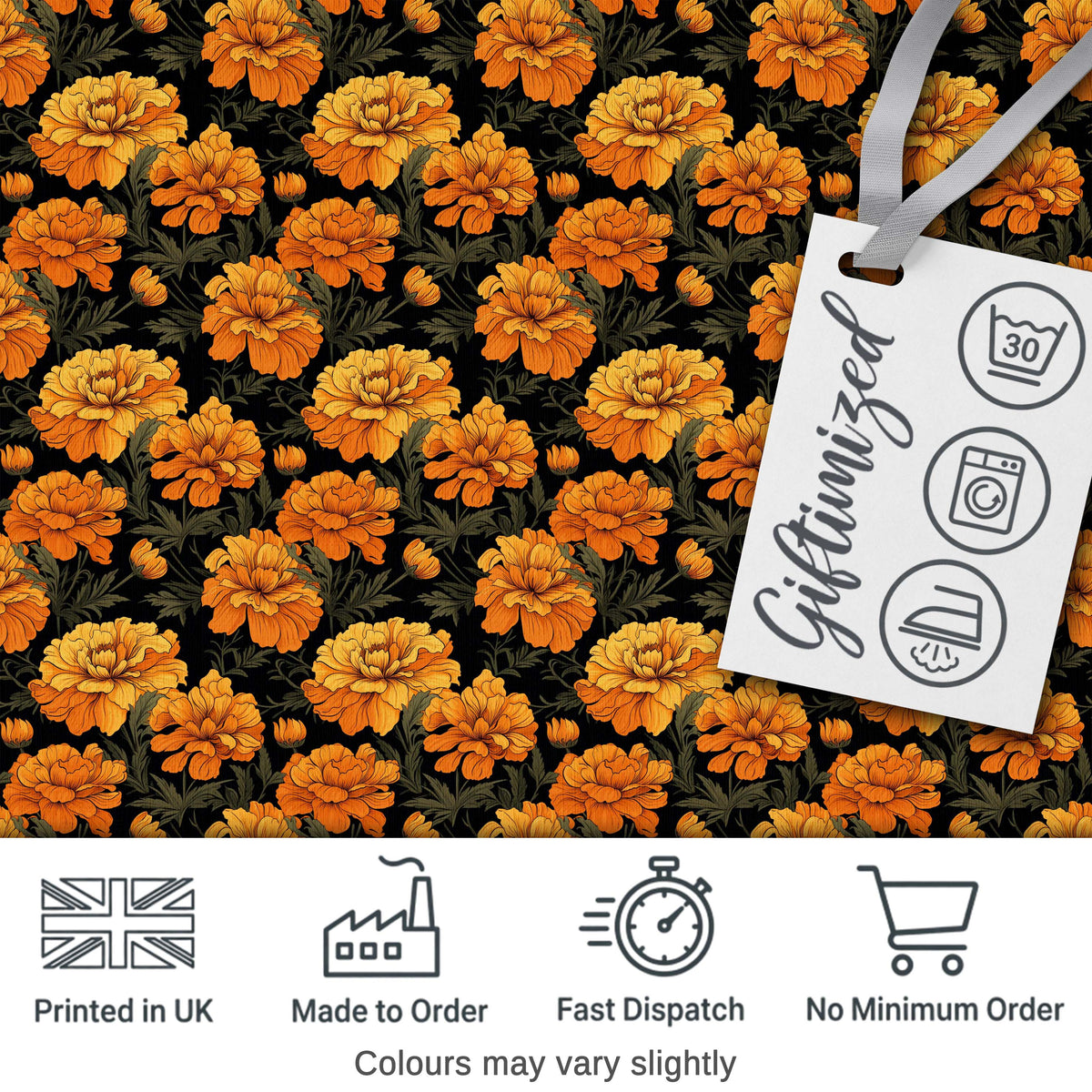 Rich Marigold Style Orange Floral Pattern with Dark Foliage Background Digital Print Fabric by the Metre UK Sewing Quilting Textile