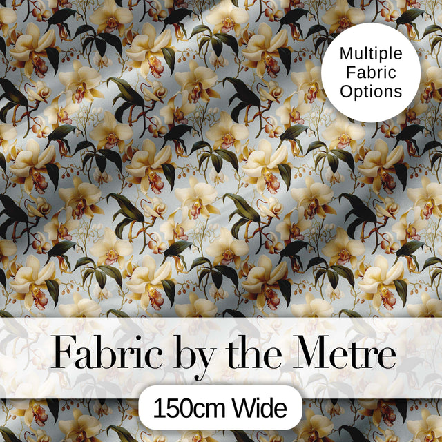 Classic Ivory Orchid Floral  with Detailed Leaves Muted Blue Background Digital Print Fabric by the Metre UK Sewing Quilting Textile