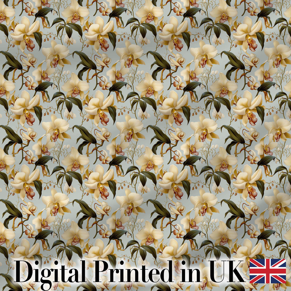 Classic Ivory Orchid Floral  with Detailed Leaves Muted Blue Background Digital Print Fabric by the Metre UK Sewing Quilting Textile