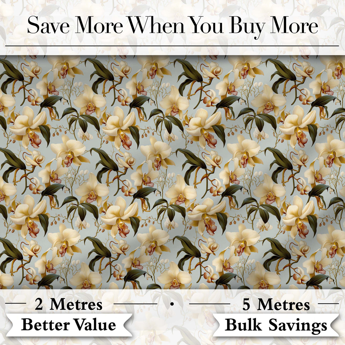 Classic Ivory Orchid Floral  with Detailed Leaves Muted Blue Background Digital Print Fabric by the Metre UK Sewing Quilting Textile