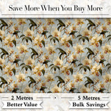 Classic Ivory Orchid Floral  with Detailed Leaves Muted Blue Background Digital Print Fabric by the Metre UK Sewing Quilting Textile