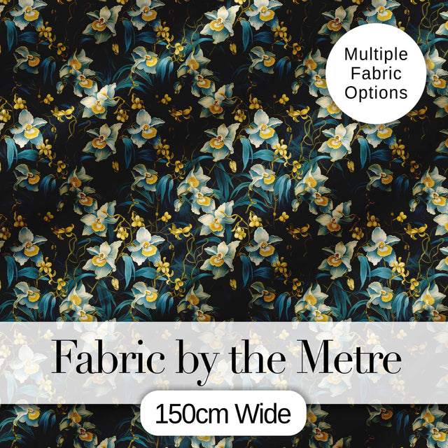 Dark Botanical Orchid Floral  with Blue and Gold Tones Black Background Digital Print Fabric by the Metre UK Sewing Quilting Textile