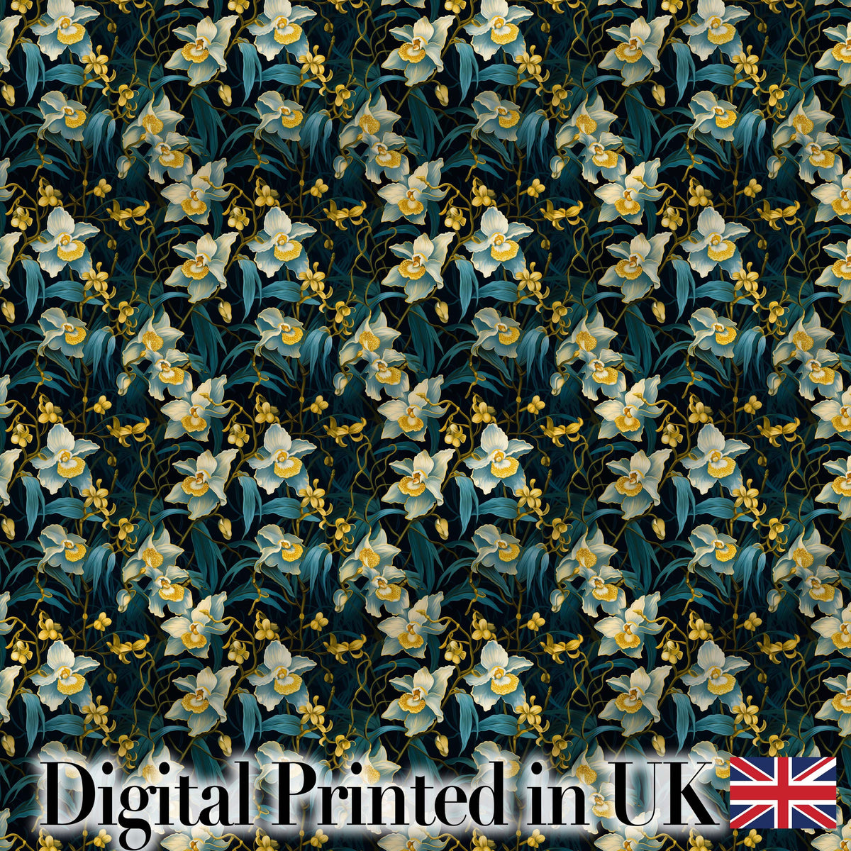 Dark Botanical Orchid Floral  with Blue and Gold Tones Black Background Digital Print Fabric by the Metre UK Sewing Quilting Textile