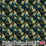 Dark Botanical Orchid Floral  with Blue and Gold Tones Black Background Digital Print Fabric by the Metre UK Sewing Quilting Textile