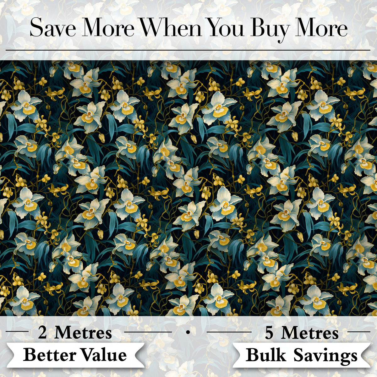 Dark Botanical Orchid Floral  with Blue and Gold Tones Black Background Digital Print Fabric by the Metre UK Sewing Quilting Textile