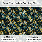 Dark Botanical Orchid Floral  with Blue and Gold Tones Black Background Digital Print Fabric by the Metre UK Sewing Quilting Textile