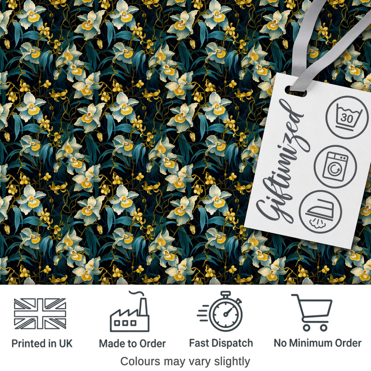 Dark Botanical Orchid Floral  with Blue and Gold Tones Black Background Digital Print Fabric by the Metre UK Sewing Quilting Textile