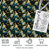 Dark Botanical Orchid Floral  with Blue and Gold Tones Black Background Digital Print Fabric by the Metre UK Sewing Quilting Textile