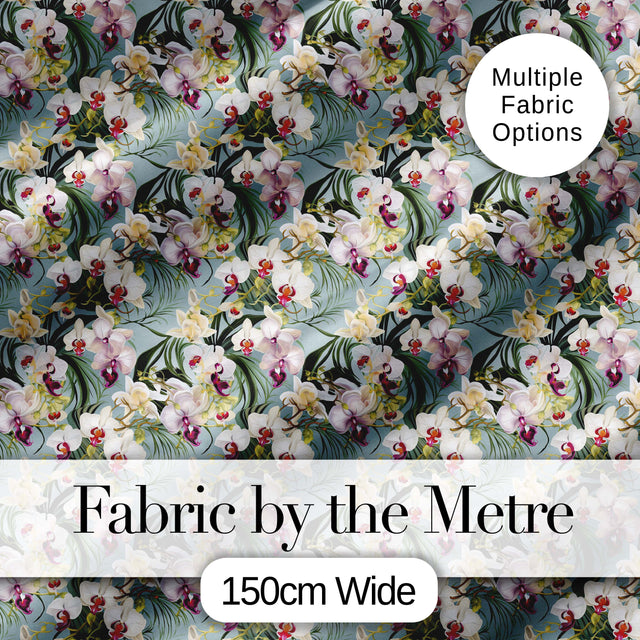Tropical Orchid Floral  with Cream and Pink Blooms Soft Blue Background Digital Print Fabric by the Metre UK Sewing Quilting Textile