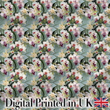 Tropical Orchid Floral  with Cream and Pink Blooms Soft Blue Background Digital Print Fabric by the Metre UK Sewing Quilting Textile