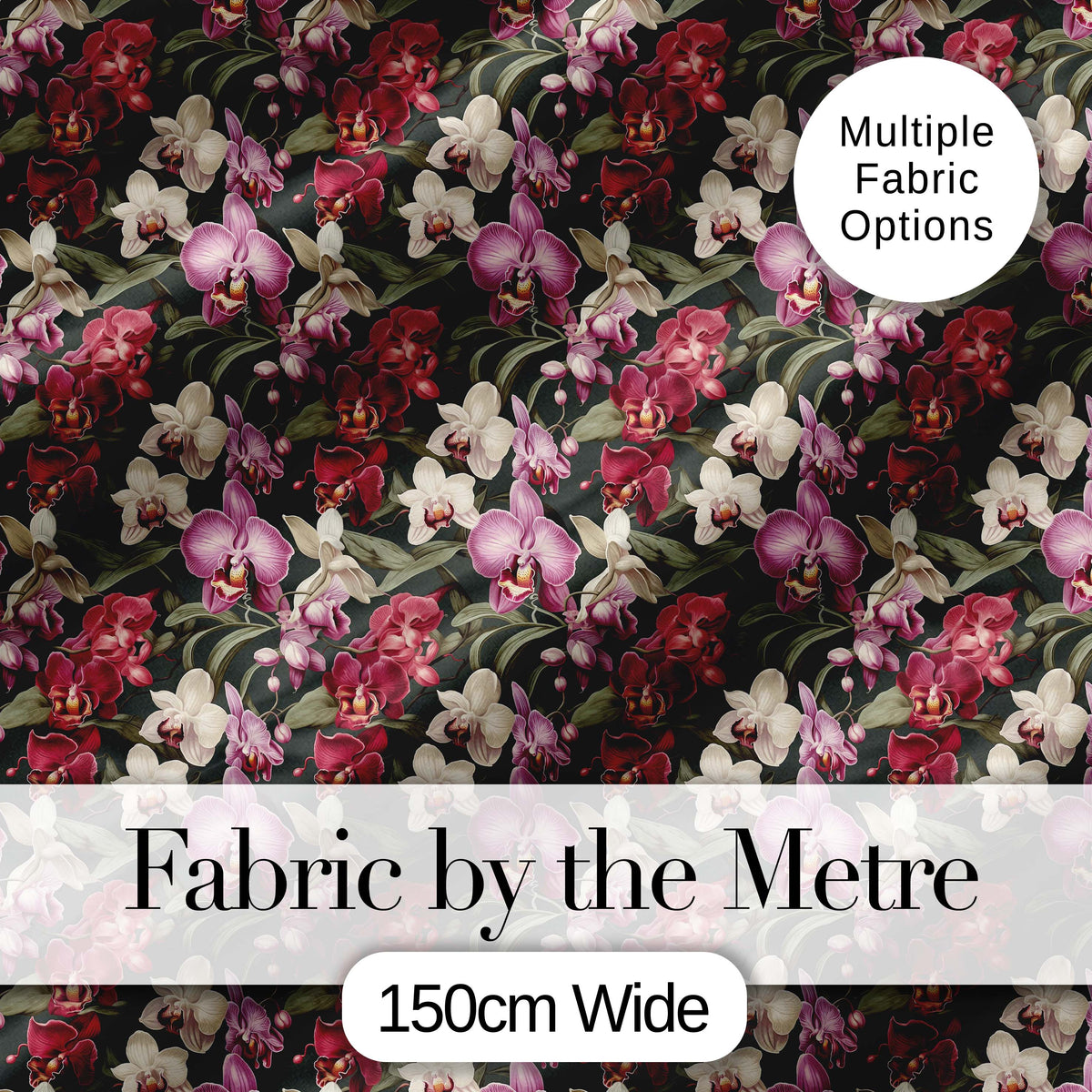 Deep Red and Blush Orchid Floral Pattern on Dark Green Background Digital Print Fabric by the Metre UK Sewing Quilting Textile