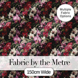 Deep Red and Blush Orchid Floral Pattern on Dark Green Background Digital Print Fabric by the Metre UK Sewing Quilting Textile