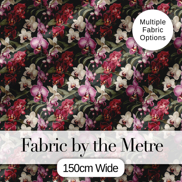 Deep Red and Blush Orchid Floral Pattern on Dark Green Background Digital Print Fabric by the Metre UK Sewing Quilting Textile