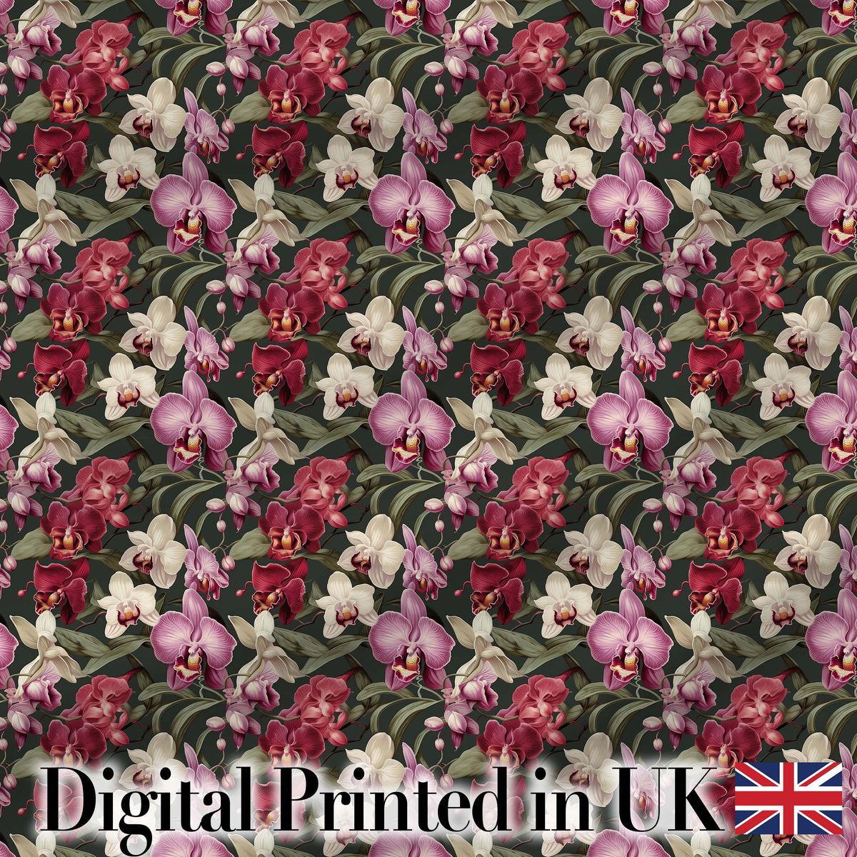 Deep Red and Blush Orchid Floral Pattern on Dark Green Background Digital Print Fabric by the Metre UK Sewing Quilting Textile