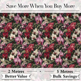 Deep Red and Blush Orchid Floral Pattern on Dark Green Background Digital Print Fabric by the Metre UK Sewing Quilting Textile