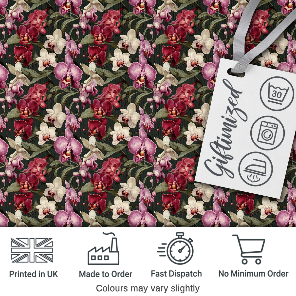 Deep Red and Blush Orchid Floral Pattern on Dark Green Background Digital Print Fabric by the Metre UK Sewing Quilting Textile