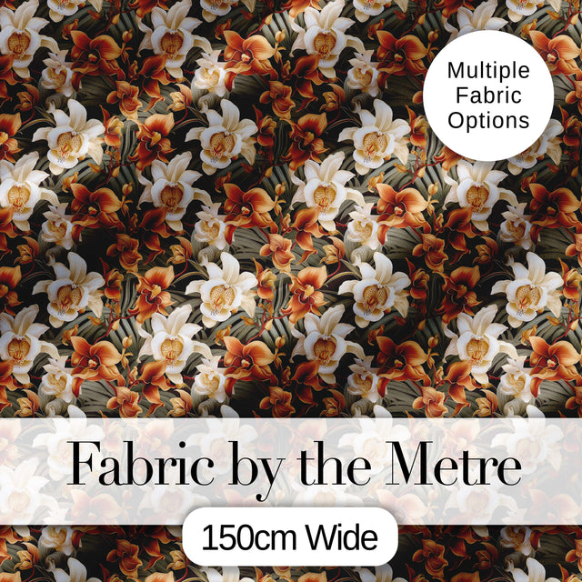 Bold Cream and Orange Orchid Floral  with Lush Foliage on Dark Background Digital Print Fabric by the Metre UK Sewing Quilting Textile