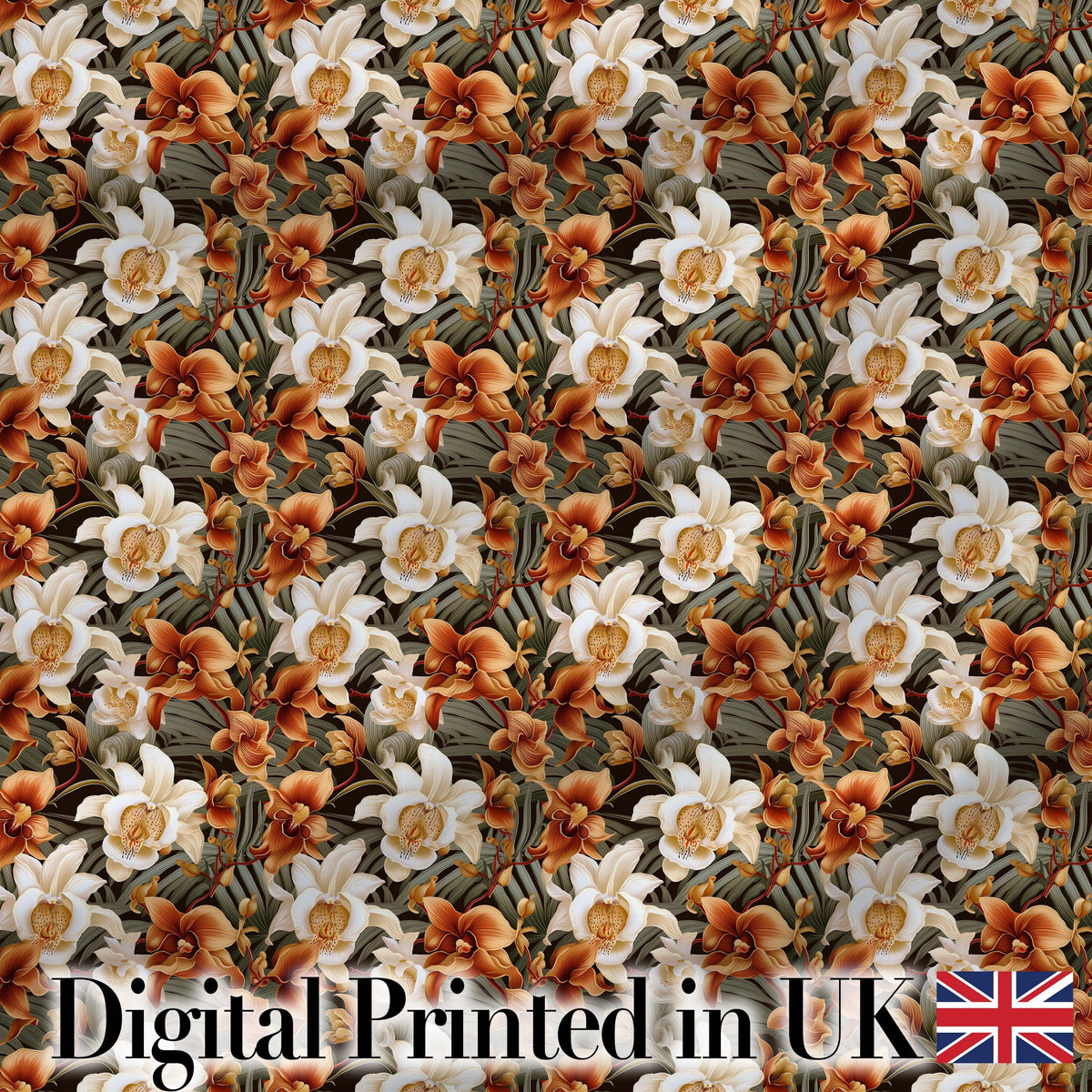 Bold Cream and Orange Orchid Floral  with Lush Foliage on Dark Background Digital Print Fabric by the Metre UK Sewing Quilting Textile