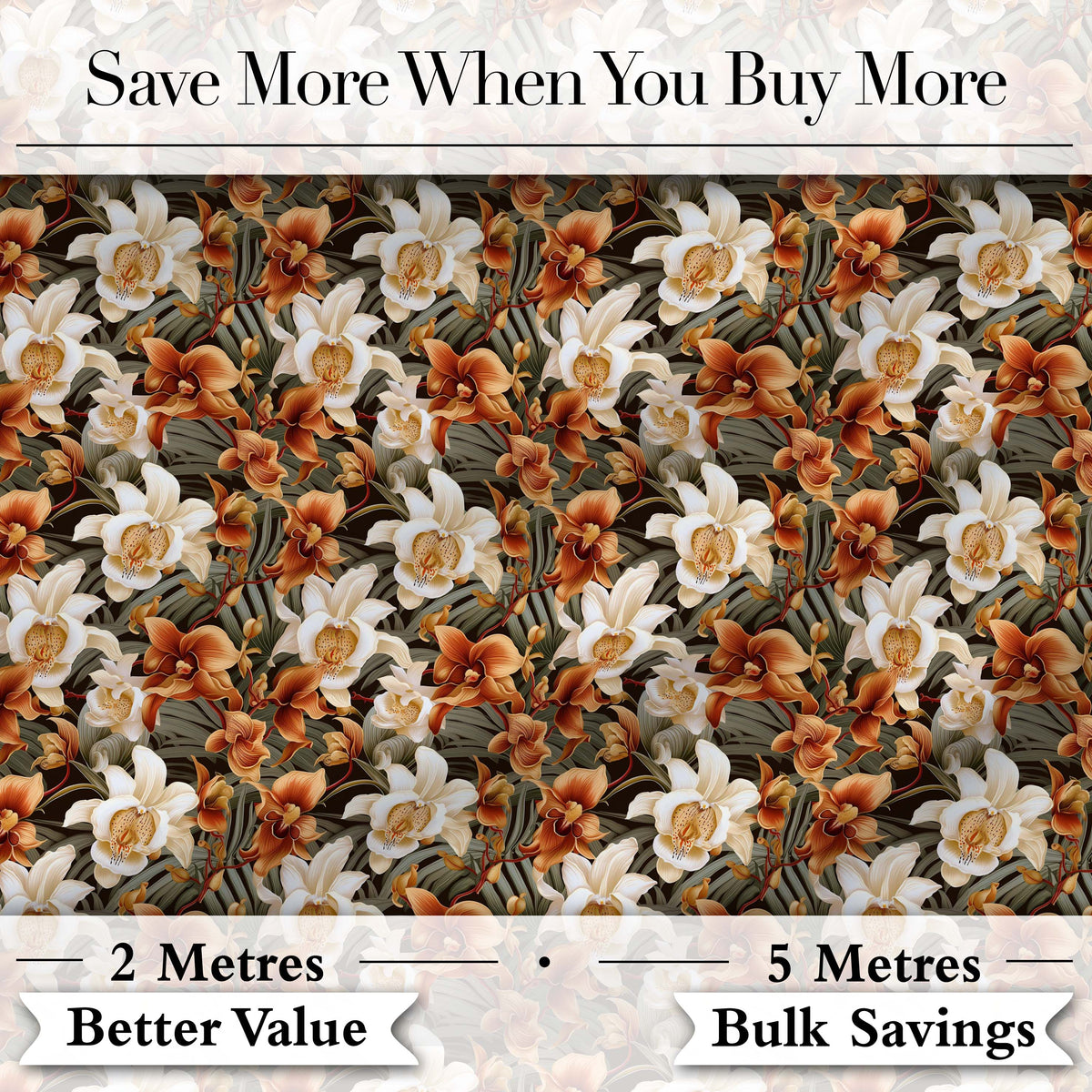 Bold Cream and Orange Orchid Floral  with Lush Foliage on Dark Background Digital Print Fabric by the Metre UK Sewing Quilting Textile