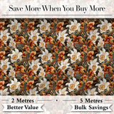 Bold Cream and Orange Orchid Floral  with Lush Foliage on Dark Background Digital Print Fabric by the Metre UK Sewing Quilting Textile