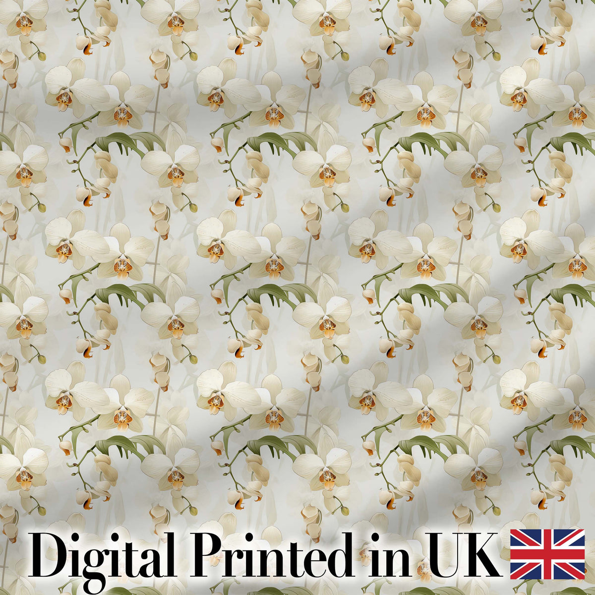 Cream Orchid Floral  Soft Neutral Background Delicate Botanical Detail Digital Print Fabric by the Metre UK Sewing Quilting Textile
