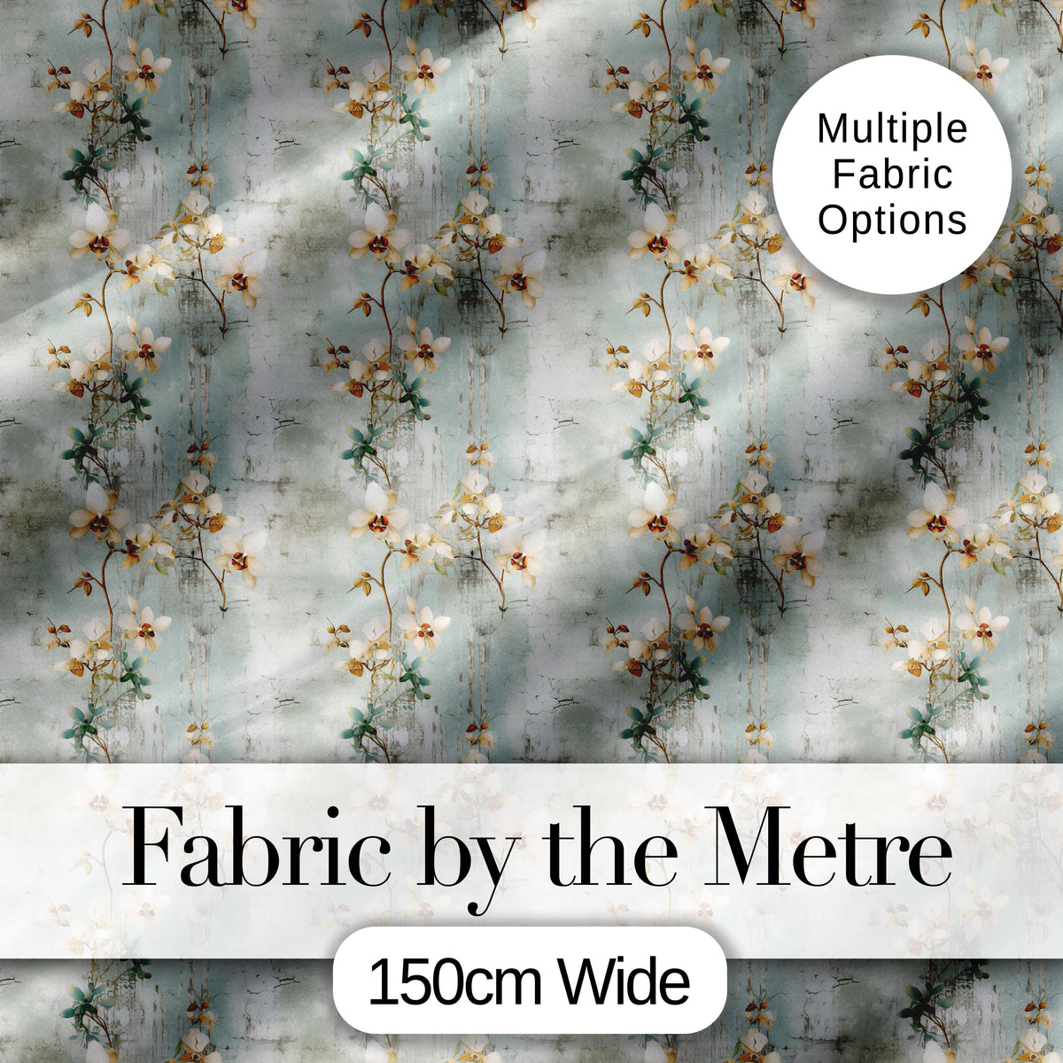 Vintage Orchid Branch Floral Pattern on Textured Blue Distressed Background Digital Print Fabric by the Metre UK Sewing Quilting Textile