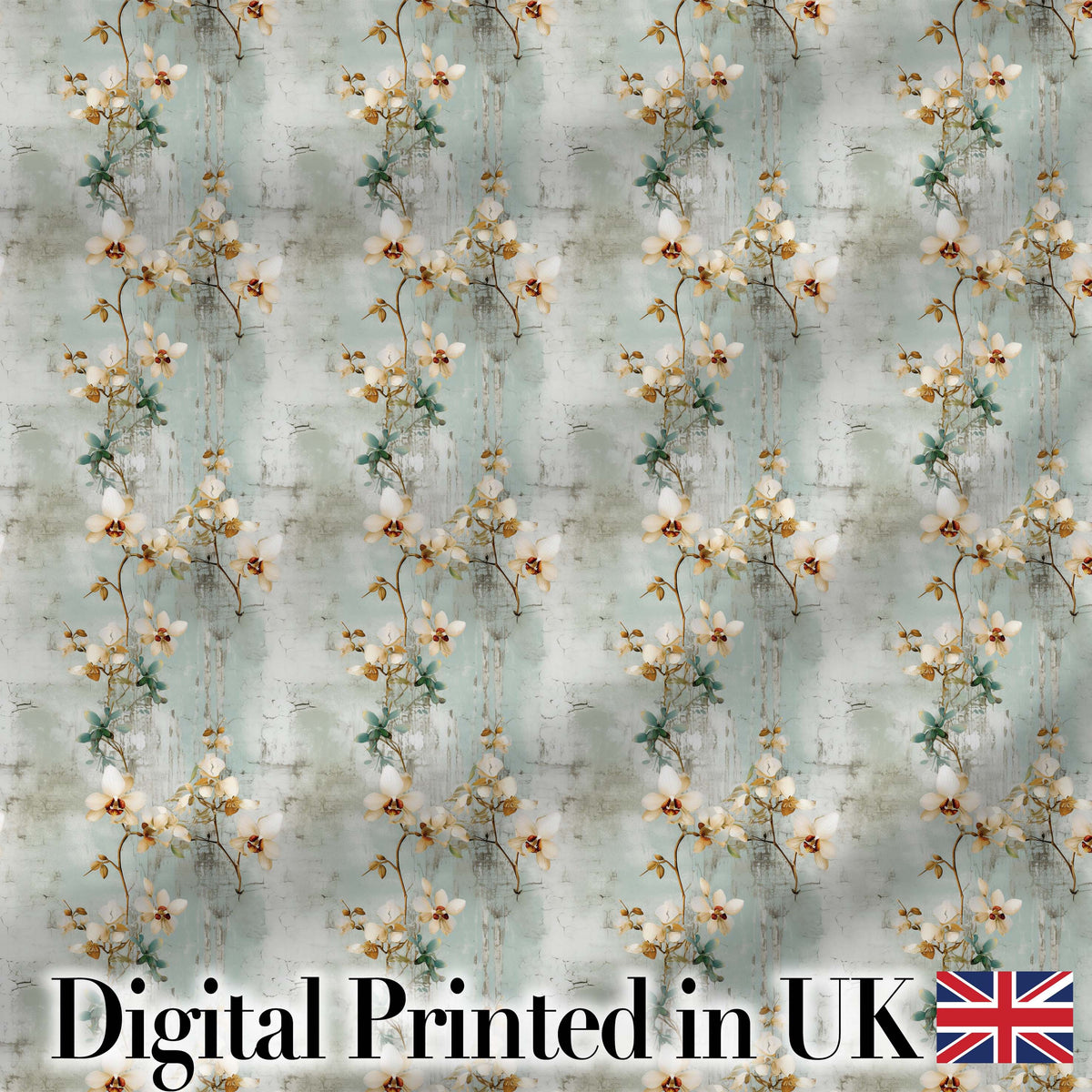 Vintage Orchid Branch Floral Pattern on Textured Blue Distressed Background Digital Print Fabric by the Metre UK Sewing Quilting Textile