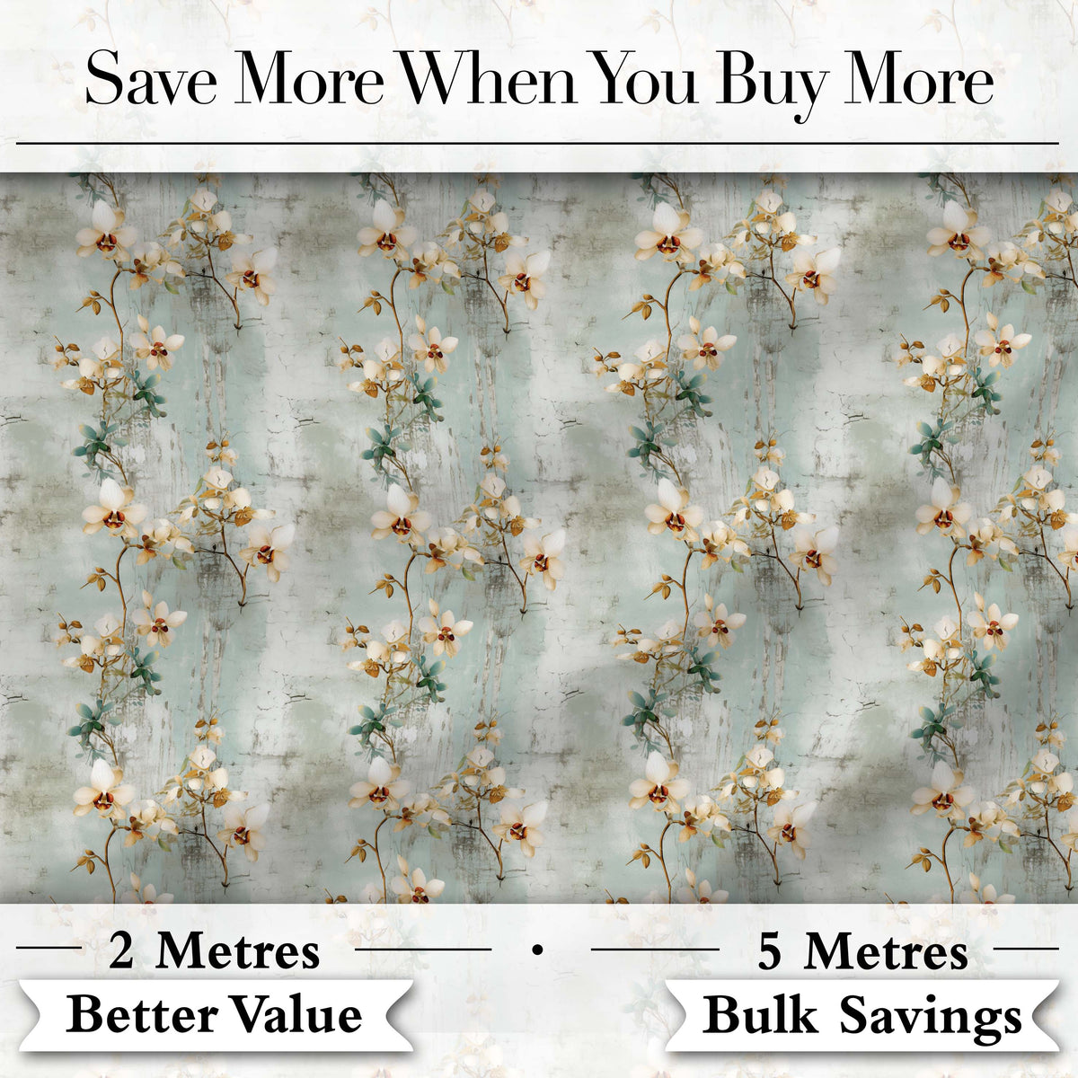Vintage Orchid Branch Floral Pattern on Textured Blue Distressed Background Digital Print Fabric by the Metre UK Sewing Quilting Textile