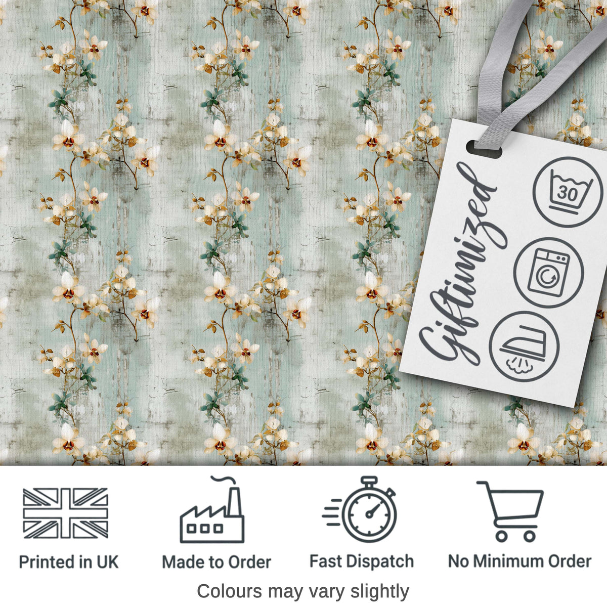 Vintage Orchid Branch Floral Pattern on Textured Blue Distressed Background Digital Print Fabric by the Metre UK Sewing Quilting Textile