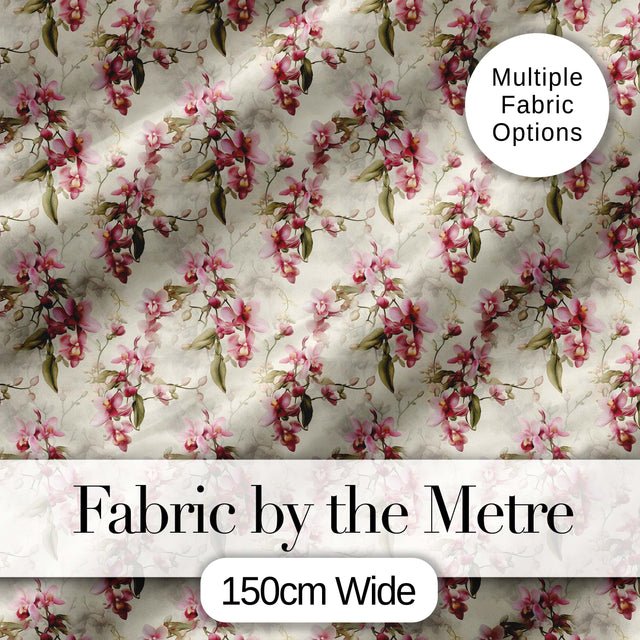 Orchid Blossom  with Subtle Watercolour Effect on Light Background Digital Print Fabric by the Metre UK Sewing Quilting Textile