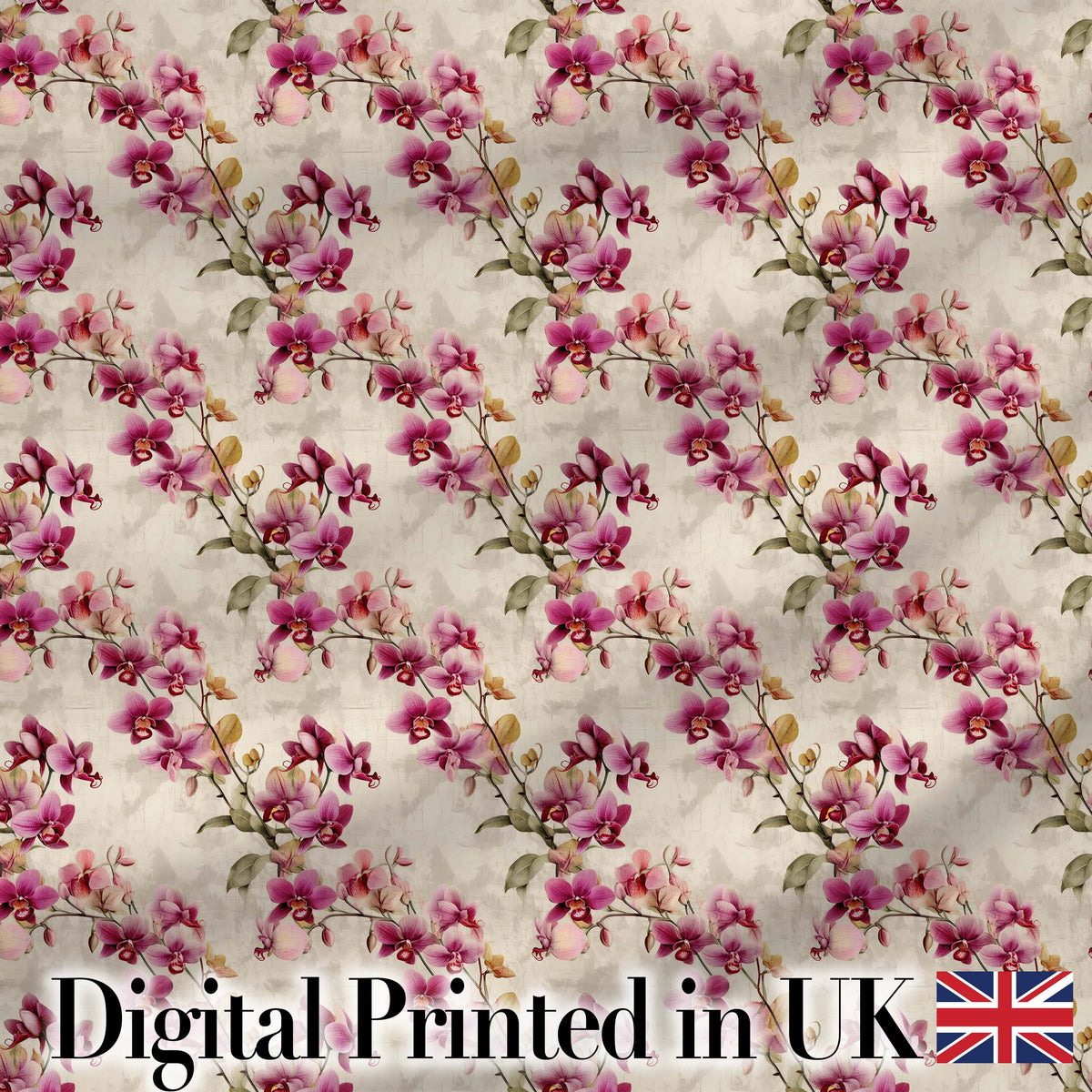 Blush Pink Orchid Sprays on Textured Neutral Background Elegant Floral Digital Print Fabric by the Metre UK Sewing Quilting Textile