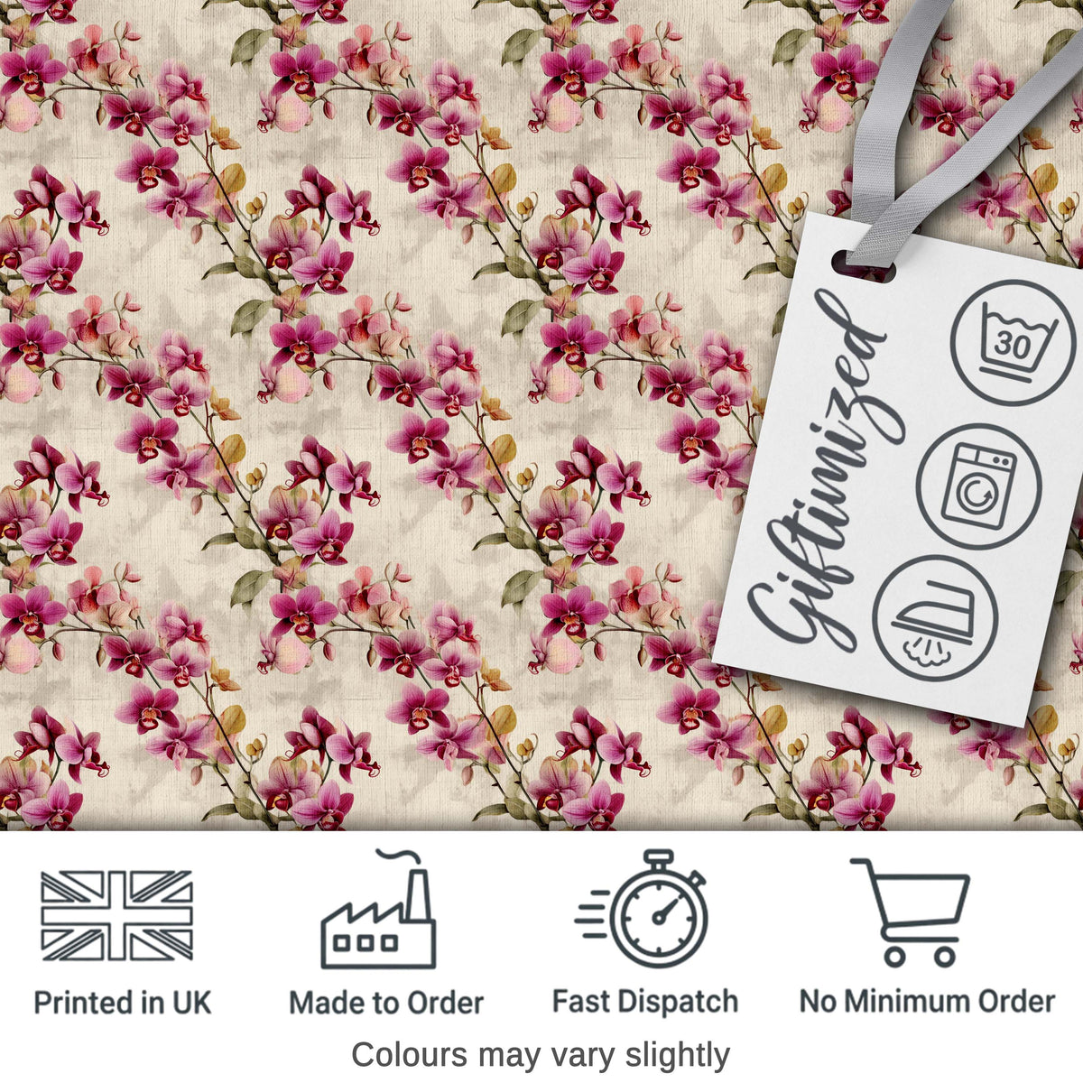Blush Pink Orchid Sprays on Textured Neutral Background Elegant Floral Digital Print Fabric by the Metre UK Sewing Quilting Textile
