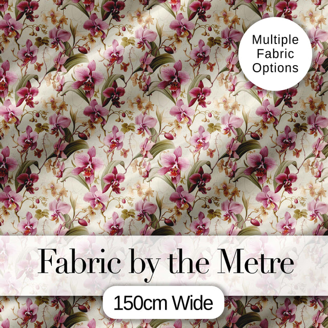 Pink Orchid Garden Floral Pattern on Light Cream Background Digital Print Fabric by the Metre UK Sewing Quilting Textile