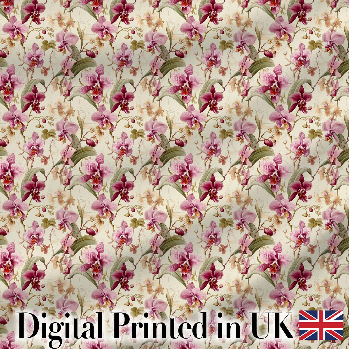 Pink Orchid Garden Floral Pattern on Light Cream Background Digital Print Fabric by the Metre UK Sewing Quilting Textile