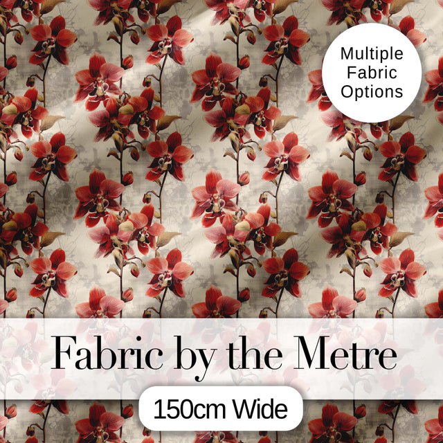 Deep Red Orchid Floral Pattern on Vintage Neutral Background Digital Print Fabric by the Metre UK Sewing Quilting Textile