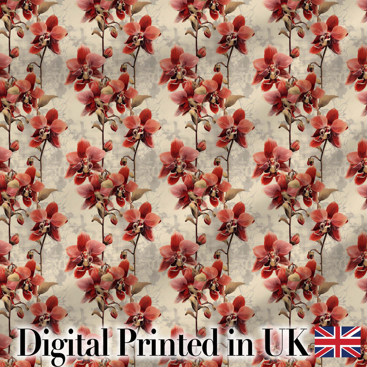 Deep Red Orchid Floral Pattern on Vintage Neutral Background Digital Print Fabric by the Metre UK Sewing Quilting Textile