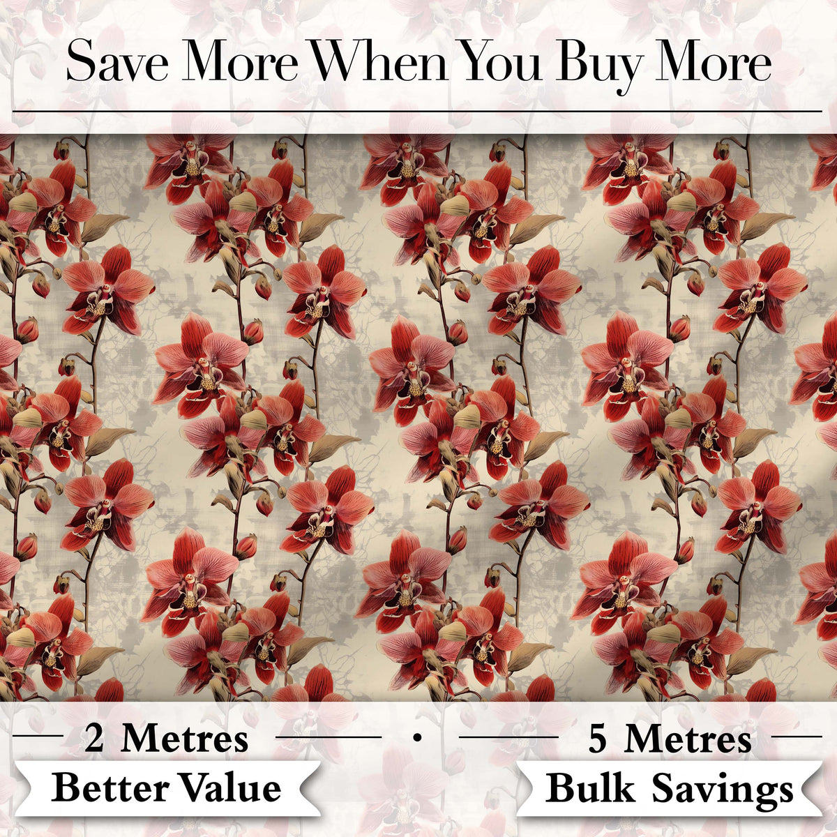 Deep Red Orchid Floral Pattern on Vintage Neutral Background Digital Print Fabric by the Metre UK Sewing Quilting Textile