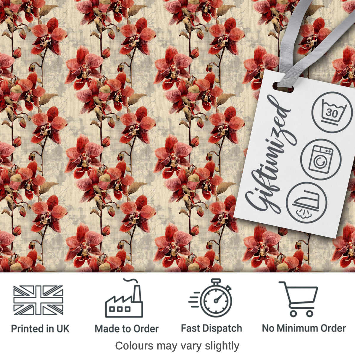 Deep Red Orchid Floral Pattern on Vintage Neutral Background Digital Print Fabric by the Metre UK Sewing Quilting Textile