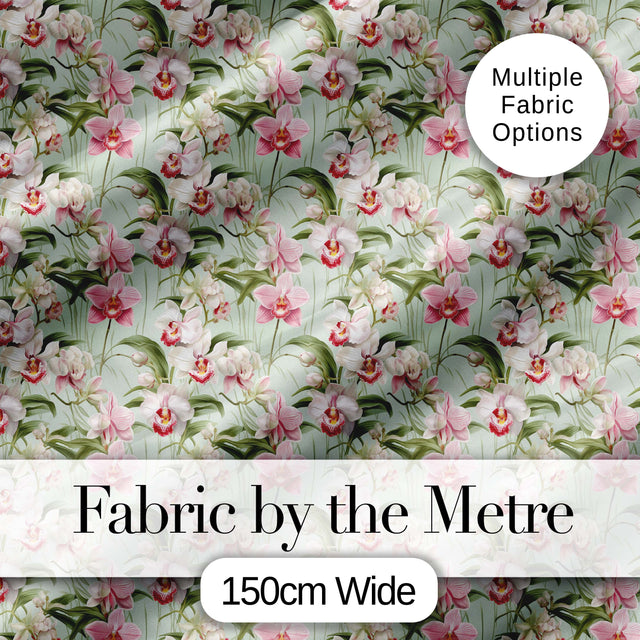 Soft Pink and White Orchid Pattern on Light Green Background Digital Print Fabric by the Metre UK Sewing Quilting Textile
