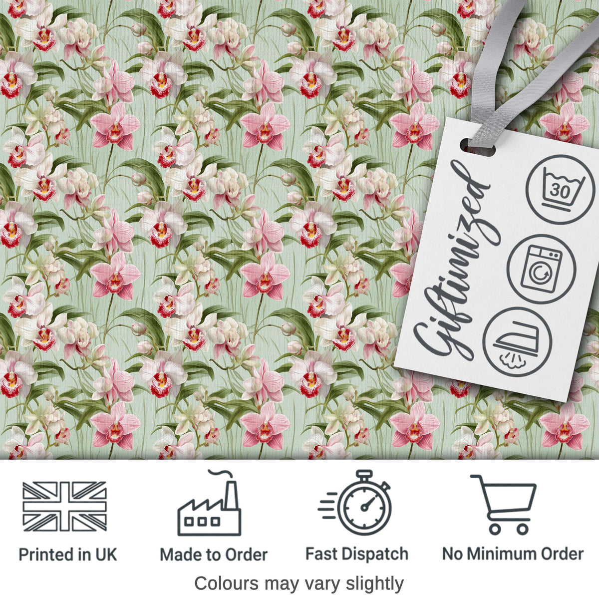 Soft Pink and White Orchid Pattern on Light Green Background Digital Print Fabric by the Metre UK Sewing Quilting Textile