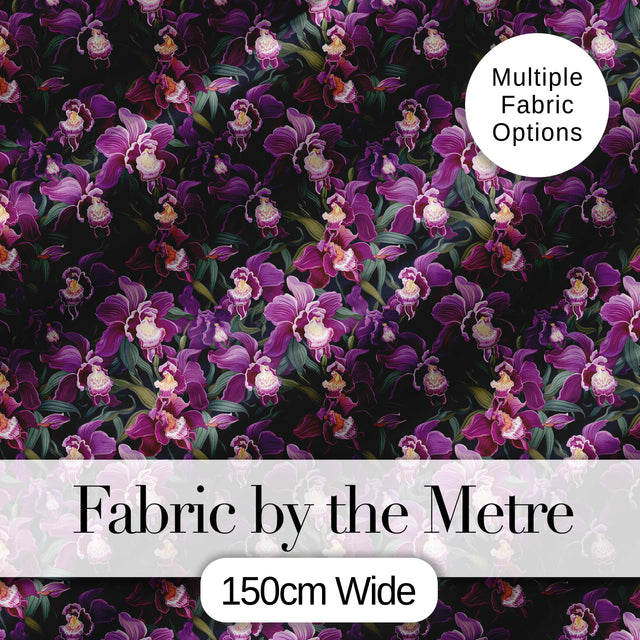 Rich Purple Orchid Floral Pattern on Dark Background Elegant Botanical Digital Print Fabric by the Metre UK Sewing Quilting Textile