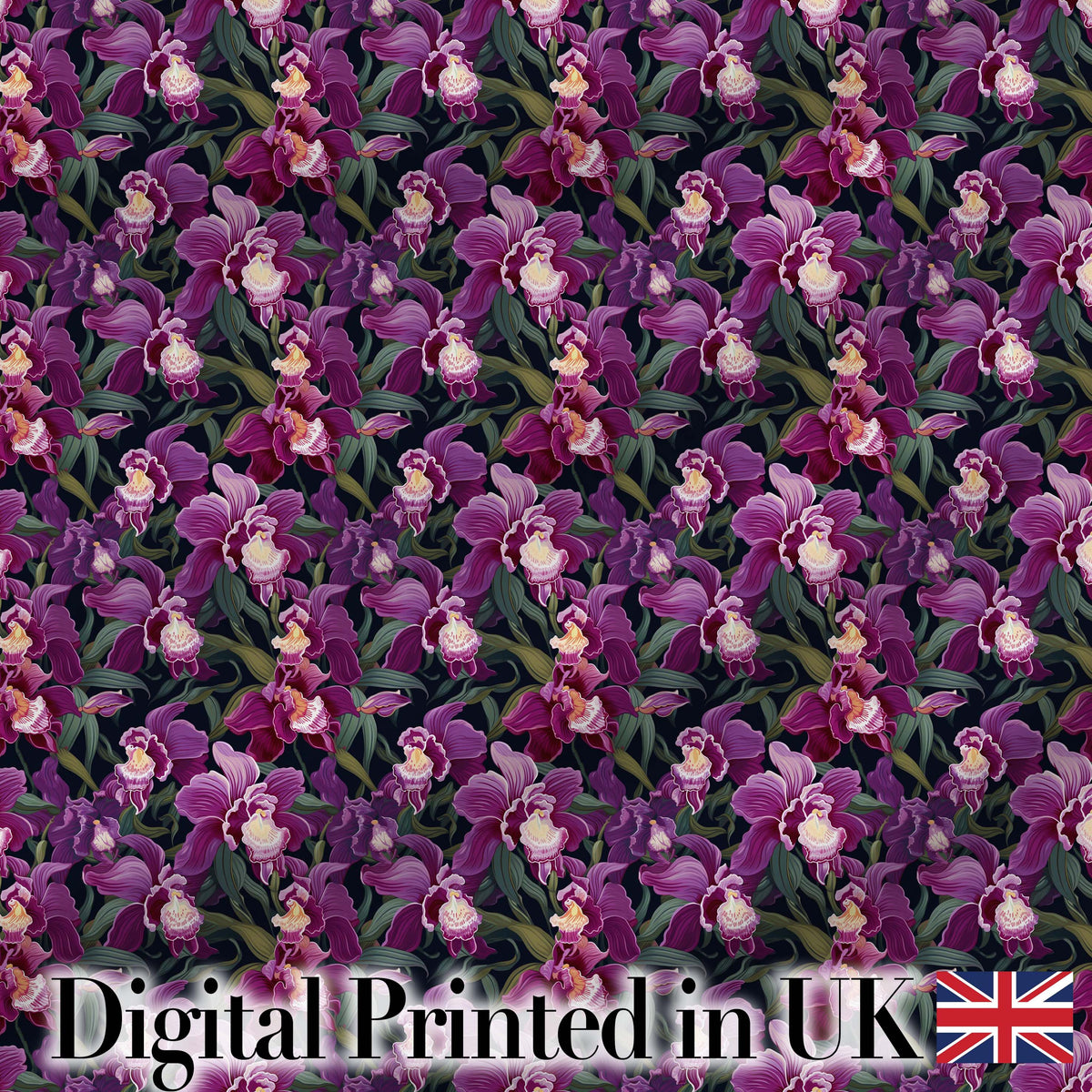 Rich Purple Orchid Floral Pattern on Dark Background Elegant Botanical Digital Print Fabric by the Metre UK Sewing Quilting Textile