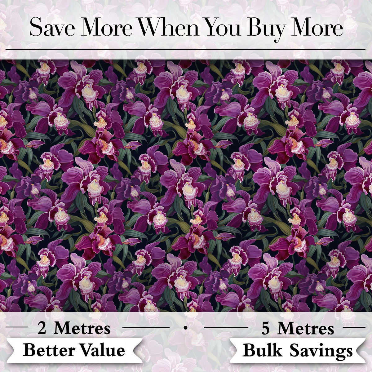 Rich Purple Orchid Floral Pattern on Dark Background Elegant Botanical Digital Print Fabric by the Metre UK Sewing Quilting Textile