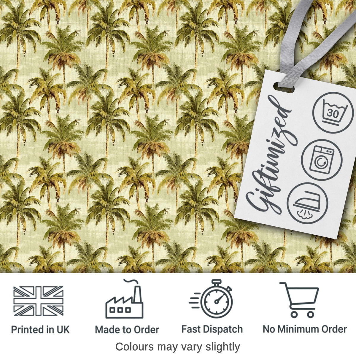 Soft Coastal Palm Tree Pattern in Muted Green and Beige Tones Digital Print Fabric by the Metre UK Sewing Quilting Textile