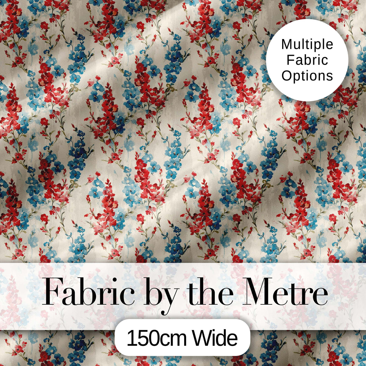 Red and Blue Floral Stripe Pattern on Textured Neutral Background Vintage Style Digital Print Fabric by the Metre UK Sewing Quilting Textile