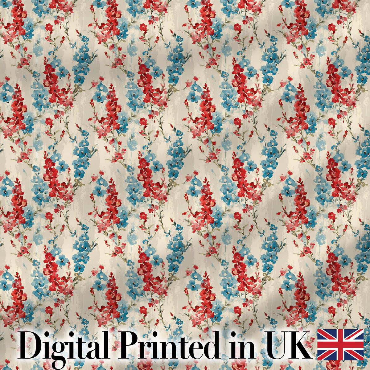 Red and Blue Floral Stripe Pattern on Textured Neutral Background Vintage Style Digital Print Fabric by the Metre UK Sewing Quilting Textile